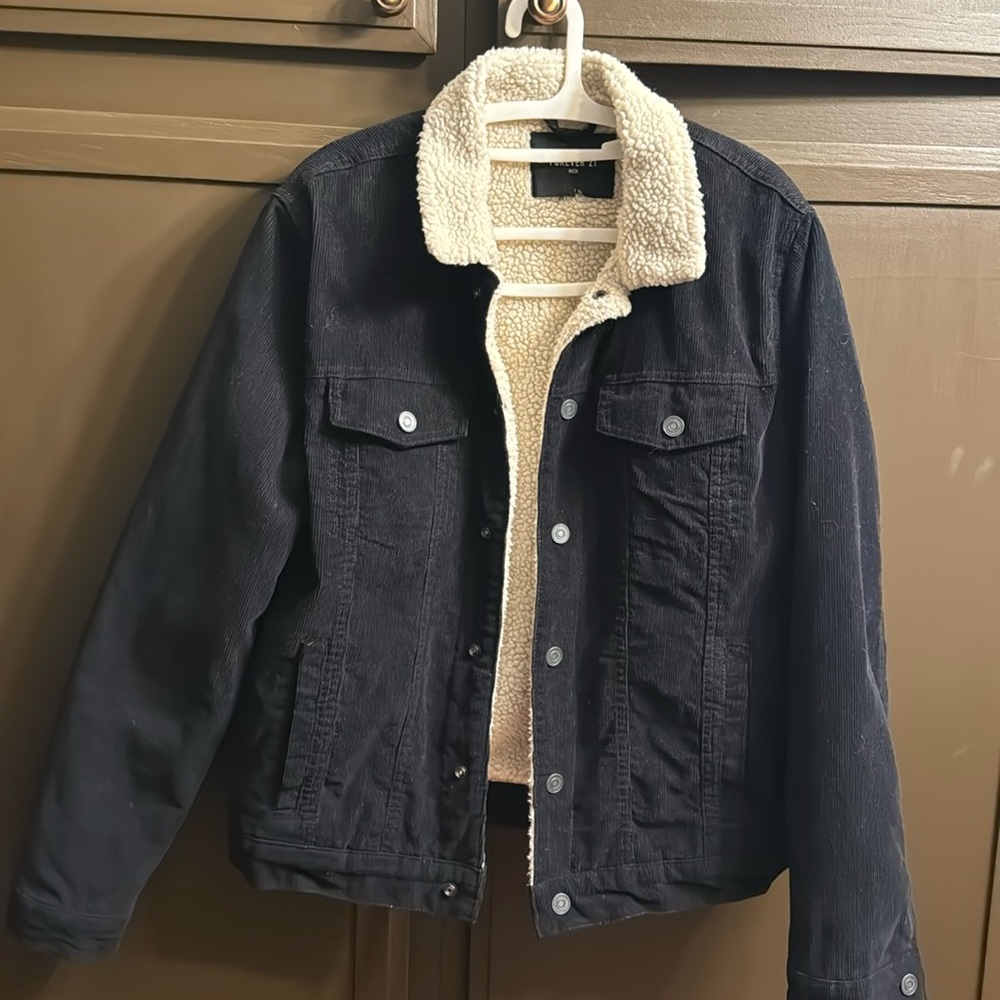 Black Corduroy Jacket with white fluff inside  Size Medium